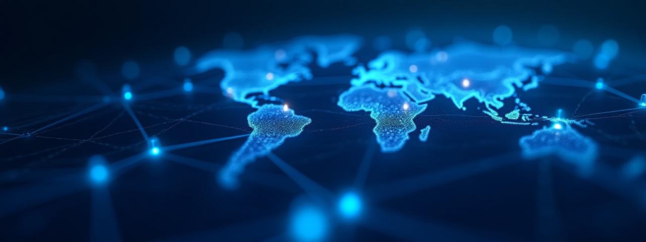 Mapa abstracto con puntos de datos y líneas de conexión representando la inteligencia geoespacial de Coral Foco